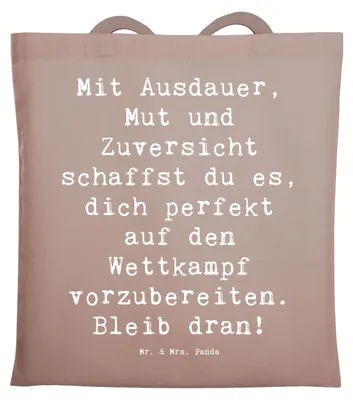 Produktbild von Mr. & Mrs. Panda Tote Bag Spruch Wettkampfvorbereitung meistern - Braun Pastell - Geschenk, Motivation, Ausdauer, Zuversicht, Unterstützung, Shopping Tasche, Jutebeutel