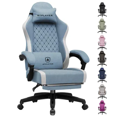 Image de Fauteuil gaming GTPLAYER : fauteuil PC ergonomique en tissu respirant, grand fauteuil de bureau pivotant avec repose-pieds, bleu clair