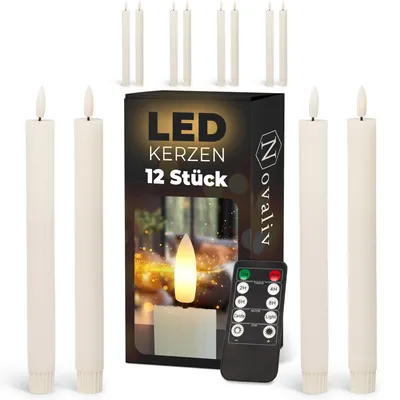 Produktbild von Stabkerzen LED mit Timer WEISS 12 Stück indoor - 6 Stunden - ECHTWACHS gerippt 23cm Höhe für Kerzen 2,2cm Durchmesser 2 AAA Batterien notwendig LED Stabkerzen 2er Set (drei Mal) bewegliche Flamme