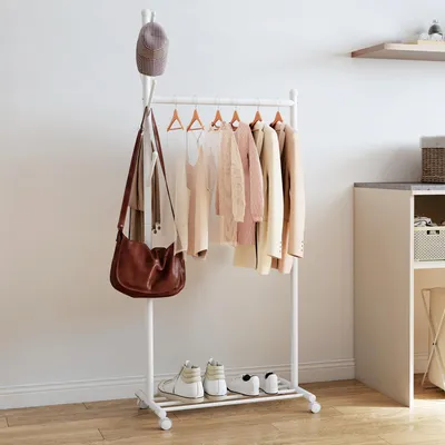 Produktbild von Sweiko Kleiderständer mit Rolle, mobiler Garderobenständer mit Kleiderstange, 5 Haken, Schuhregal Weiß