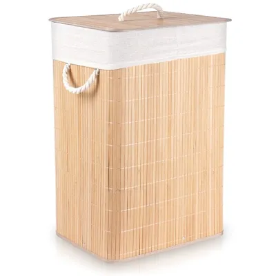 A standalone laundry basket made of bamboo with a fabric lining and lid.