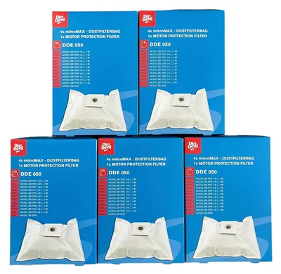 A stack of five boxes of Dirt Devil vacuum cleaner bags and motor protection filters.