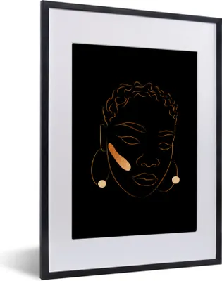 Produktbild von MuchoWow® Gerahmtes Poster Frau - Schwarz - Gold - Strichzeichnung 30x40 cm - Poster mit Schwarzem Bilderrahmen Wandposter Rahmen Foto Bilder - Wandposter Schlafzimmer