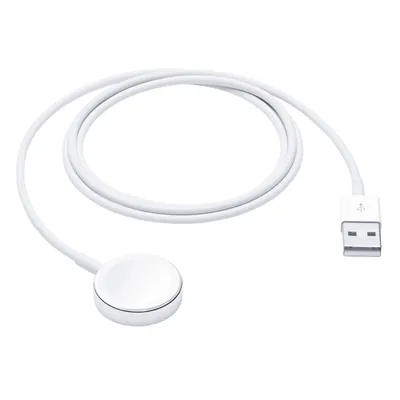 A white Apple Watch charging cable with a USB-A connector and a magnetic charging puck.