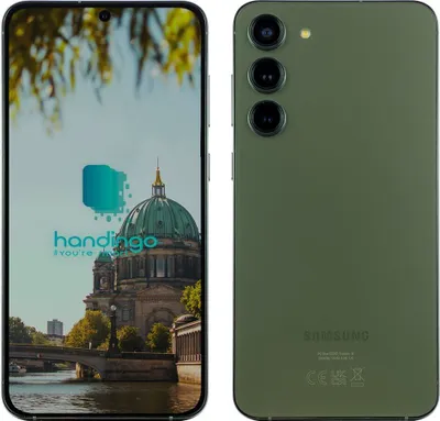 A green Samsung Galaxy S23 Plus smartphone is shown from the front and back, with the front screen displaying a cityscape and logo.