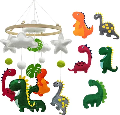 Obrázok produktu pre Detská postieľka s háčkovaným dinosaurom - Závesné dekorácie - Detský mobil na posteľ - Drevený mobil - Detská zvonkohra - Zvončeky pre dievčatá a chlapcov - Darček pre novorodencov