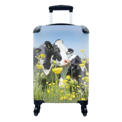 Obrázek produktu pro Kufr Příruční zavazadlo na kolečkách Malý cestovní kufr na 4 kolečkách Květiny - Kráva - modrá - Velikost kabiny < 55x40x23 cm a 55x40x20 cm -