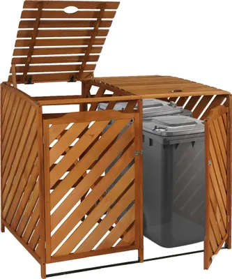 A wooden bin enclosure for two trash cans.