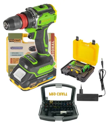 Produktbild von Procraft PA18PRO DFR-1B-C Akku Bohrschrauber 20 V 30 Nm Brushless + 1x Akku 2,0 Ah + Ladegerät + 32 tlg. Bit Set + Koffer
