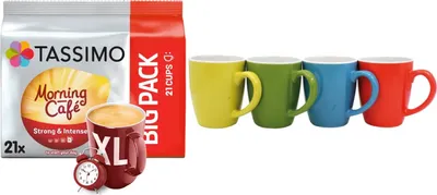 Produktbild von Morning Café XL 21 Kaffee Kapseln im Big Pack, 163.8 g plus 4 Tassen mit Henkel 350cc
