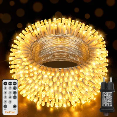 A coiled string of LED lights with a remote control and power adapter.