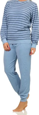 Produktbild von Mädchen Frottee Pyjama langarm Schlafanzug mit Bündchen in Streifenoptik - 212 401 13 801 ; hellblau , 146