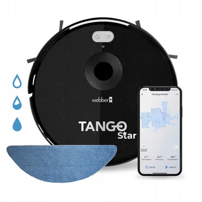 A black robot vacuum cleaner with a blue mop attachment and a smartphone displaying a cleaning map.