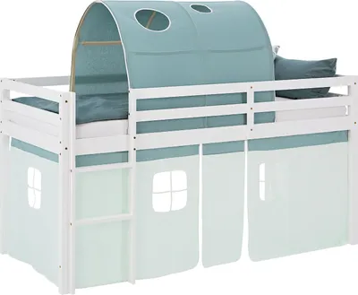Image de Lit superposé 90x200 cm avec Matelas Lit mezzanine en Bois Pin Massif Rideau Tunnel Vert Sommier à lattes