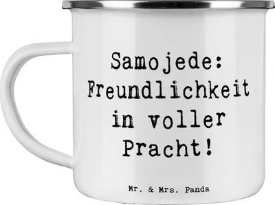 Produktbild von Mr. & Mrs. Panda Pott Spruch Samojede Freundlichkeit - Weiß - Geschenk, Teetasse, Emaille Becher, Hunderassen, Tasse, Hunderasse, Eigenschaften, intelligente Hunde, Hund