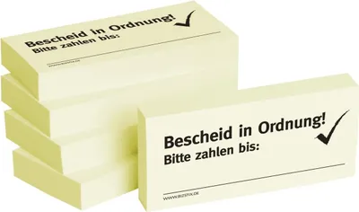 Produktbild von Haftnotizen "Bescheid in Ordnung" - 75 x 35 mm, 5x 100 Blatt, 1 VPE