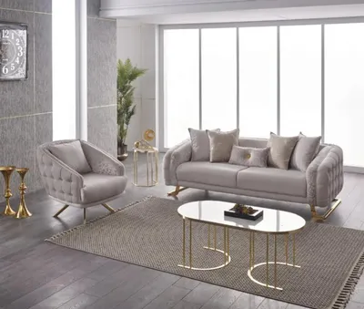Produktbild von Garnitur Dreisitzer Sessel Couch Stoff 2tlg Polstersofa Sofa Grau Set
