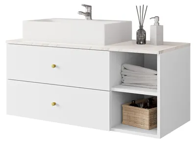 Produktbild von MIRJAN24 Waschbeckenschrank Kertos mit Waschbecken, mit Siphon, mit zwei Schubladen (Farbe: Weiß / Weiß + Marmor Bianco)
