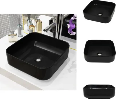 Obrázek produktu pro vidaXL Umyvadlo keramické čtvercové černé 38 x 38 x 13,5 cm - Koupelnové umyvadlo