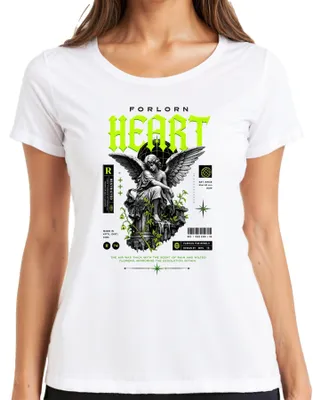 Obrázok produktu pre Tričko s potlačou "Osamelé srdce, anjel", štýl "rozpad, cyberpunk", dámske, biela farba, veľkosť XXL