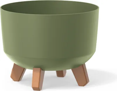 A green planter with wooden legs on a white background.