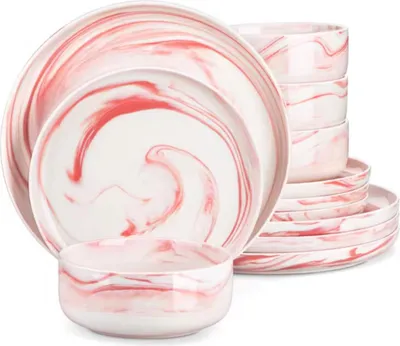 Zdjęcie produktu dla Talerze obiadowe Noble Roze Marmer 4 osoby - 12 sztuk - ceramiczne - zestaw do serwowania - talerze obiadowe i śniadaniowe