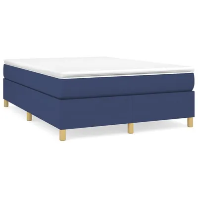 A blue boxspring bed frame with a white mattress on top, shown from a side angle against a white background.