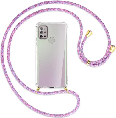 Produktbild von Handykette Backcover-Schutzhülle mit Band (Metall goldfarben) für Motorola Moto G10 (Power), G20, G30 - lila/rosa/blau