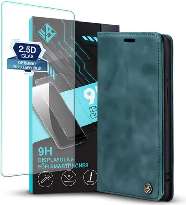 Produktbild von Handy Hülle für Apple iPhone 15 mit 9H Displayglas Klapphülle Bookcase Flip Cover Handy Tasche Etui Farbe: Petrol