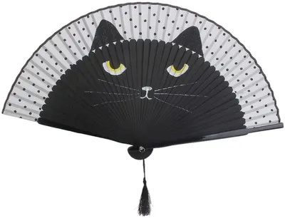 Bambus-Faltfächer mit Katzenmotiv, 38 cm, schwarz