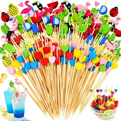 Immagine prodotto di Spiedini per cocktail in legno, 200 pezzi, con decorazioni a forma di cuore, fenicottero e colori vivaci, lunghezza 12 cm