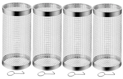 Zdjęcie produktu dla zestaw 4 cylindrycznych koszy do grillowania wykonanych ze stali nierdzewnej z 1x hakiem | Kosz do grillowania do grilla gazowego, elektrycznego i węglowego | Siatka do grillowania 20 x 9 cm do warzyw, grzybów, owoców morza, grillowanych warzyw