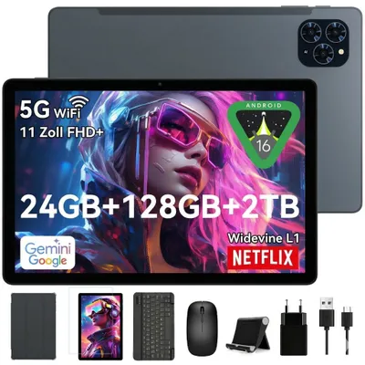 Produktbild von TABWEE T90 Tablet Android 16, 11 Zoll, 24GB (8+16) RAM+128GB ROM(2TB TF), 5G WiFi, mit Stift/Maus/Tastatur, 8000mAh/16MP+8MP/Widevine L1/Gemini AI