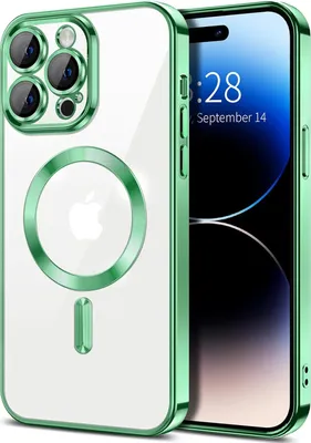 Obrázek produktu pro Magnetické čiré pouzdro pro iPhone 14 Pro, kompatibilní s MagSafe, galvanicky pokovené ochranné pouzdro s ochranou fotoaparátu světle zelená