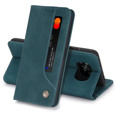 A teal flip-style phone case for a Xiaomi Poco X3 Pro is shown, standing upright with a credit card inserted into a slot.