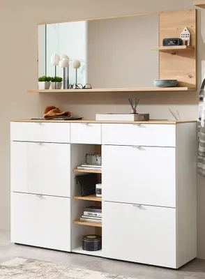 Produktbild von Flurschrank und Garderobenspiegel weiß matt mit Eiche BLISS-36