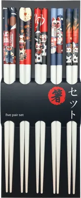 Produktbild von [ 5 Paar ] Essstäbchen weiß [ Design Maneki-Neko ] / Glückskatzen-Motiv