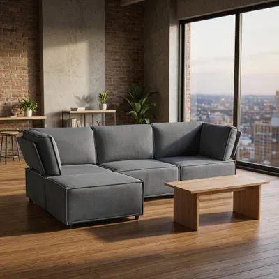 Produktbild von okwish 4-Sitzer klassisches Sofa mit Rückenlehne, Ecksofa frei kombinierbar, Leinenstoff, Modulares Sofa Für Wohnzimmer,Dunkelgrau