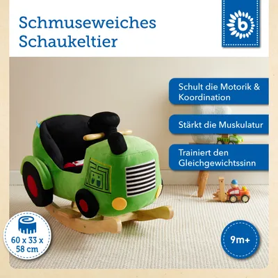 Produktbild von Bieco Plüsch Schaukeltier Traktor 60 cm | Kinder Schaukelstuhl mit Sicherheitsgurt | Baby Schaukel | Schaukel Kleinkind | Schaukeltier Baby Zimmer | Baby Schaukelwippe ab 9 Monate | Schaukelpferd Holz