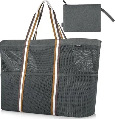 Produktbild von Bequeme Strandtasche in XXL-Größe mit Schnellverschluss, durchlässige Strandtasche für Familienausflüge, Schwarz/Weiß/Türkis