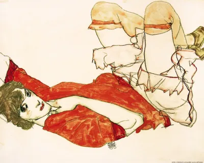 Produktbild von Egon Schiele Kunstdruck Bild - Wally In Roter Bluse Mit Erhobenen Knien, 1913 (40 x 50 cm)