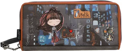 A wallet with a cartoon illustration of a girl and a cat, set against a background of city lights and Japanese text.