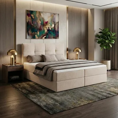 Produktbild von Boxspringbett MORENO mit Bettkasten 180x200 cm inkl. Bonell-Federkernmatratze H3 und Topper – Polsterbett Stoff ASTI Creme