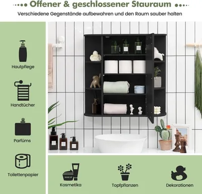 Produktbild von Spiegelschrank Bad 4 Fächer & 6 offene Ablagen Badezimmerschrank mit Spiegel 66 x 17 x 63 cm Schwarz