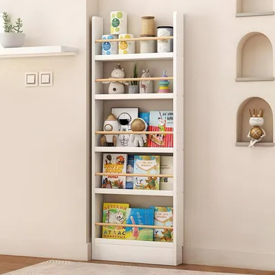 Image de Étagère bibliothèque pour chambre d'enfant, dimensions 50x10x145 cm, blanche, 5 étagères, avec système anti-basculement