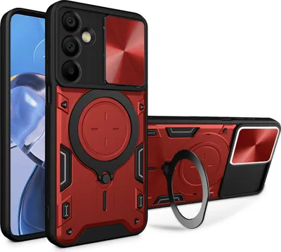Produktbild von Handyhülle für Samsung Galaxy A16 Dual-Layer Stoßfest Rüstung Hülle mit Dia Kameraschutz und Kreisförmig Ring Ständer Rot