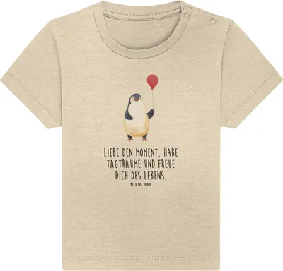 Produktbild von Mr. & Mrs. Panda  T-Shirt Pinguin Luftballon 6. - 12. Monat - Natural Raw - Geschenk, Liebe, Freundin, Motivation, Baby Baumwollshirt, Kinder Oberteil, Babyshirt