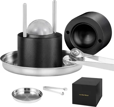 Obrázek produktu pro Sada na výrobu kostek ledu 60 mm - Forma na led a kostky ledu s kleštěmi na led a odkapávací miskou - Hliníková černá odolná forma na kostky ledu pro whisky, americano a džusy