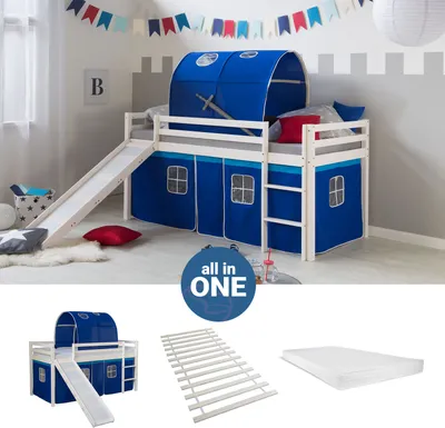 Produktbild von Homestyle4u Hochbett 90x200 mit Rutsche Matratze Lattenrost Vorhang Tunnel blau Kinderbett Weiß Holz Kiefer Massiv Jugendbett