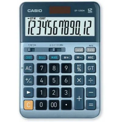 Productafbeelding van Casio® DF-120EM - Zakrekenmachine DF-120EM - Werking op zonne-energie/batterij, 12 cijfers, LCD-display, zilverblauw